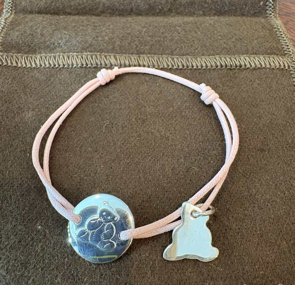Christofle Baby Girl Sterling Silver Teddy Bear Bracelet Pink Adjustable Cord